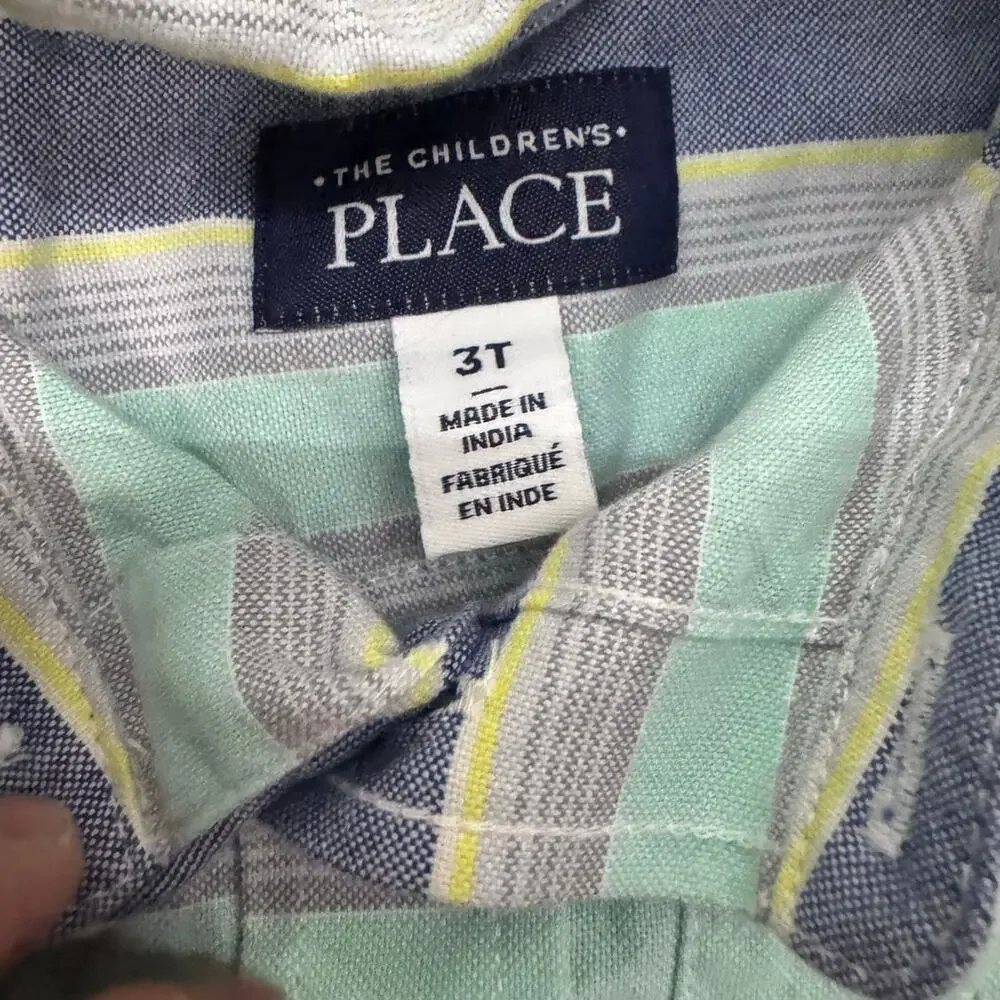 The Children’s Place Boys Button‎ Down Shirt 3T Blue Yellow Striped Short Sleeve